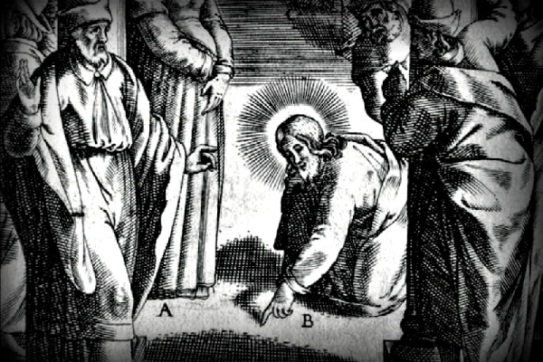 Jesus und die Ehebrecherin. B. Riccius, 1607 (Ausschnitt)
 / Illustration des gleichnachmigen Artikels in "Im Land des Herrn. Franziskanische Zeitschrift für das Heilige Land" (70. Jahrgang, 2016)