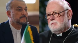 Irans Außenminister Hossein Amir-Abdollahian und der Außenminister des Vatikans, Erzbischof Paul Gallagher. / ATTA KENARE/AFP via Getty Images and Daniel Ibañez/CNA