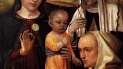 Ambrogio Bergognone schuf um 1490 dieses Gemälde, in dem die heilige Katharina mit einem Kruzifix, die Muttergottes mit einer Nelke, und der Selige Karthäuser Stefano Marconi um das Jesuskind gruppiert sind.
 / (CC0) 