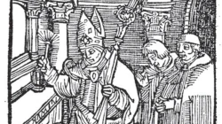 Holzschnitt zeigt den heiligen Wolfgang (aus: „Das Leben des heiligen Wolfgang“, Verlag Friedrich Pustet) / 